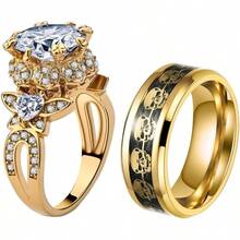 Skull Rings His and Hers Rings Couple Rings Skeleton Rings AAA Red Cz Womens Wedding Ring Punk Ring - Oro + talla 7 para mujer y talla 8 para hombre - Ver 2