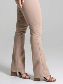 Calça Jeans Feminina Sawary Cintura Alta Flare Boca Sino Elastano Lycra Confortável Fler Bonita - Bege - Visão 7
