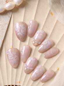 10pcs Acrylic Press On Nails Pink Nails Cat's Eye Rose French Style Golden Nails Press On Nail Supplies Fake Nails Short Office DailyWear False Nails Artificial Nails Kit Includes 1sheet Adhesive Tabs &1 Pc Mini File - Multicolor - View 3