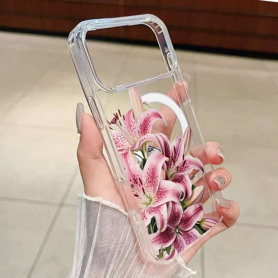 1pc Soft Edge Transparent Magnetic Lily Flower Phone Case, Anti-Oxidation, Compatible With Apple 7, 8, XR, 11, 12 Pro, 13 Mini, 14 Plus, 15, 16, 17 Pro Max And Galaxy A05S, A15, A16, A25, A26, A36, A54, A56, S21 FE, S22 Plus, S23 Ultra, S24, S25 Plus, S26 Ultra - Clear - View 1