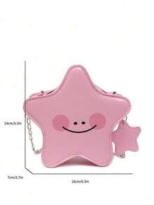这款时尚经典的可爱纯色PU防水材质女士单肩包，饰有笑脸图案、星星形状、金属链条肩带和拉链封口，非常适合购物、聚会和其他场合。 - 粉色 - 查看 7