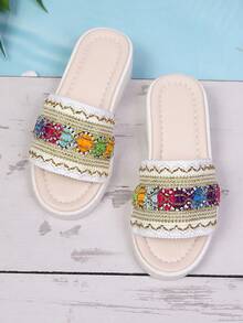 1 Pair Children's Casual Holiday Woven Platform Thick Sole Summer Wedge Slide Sandals - Beige - View 3