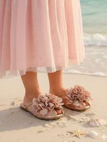 1 Pair Girls 3D Floral Decor Flat Sandals, Elegant Daily Casual & Formal Wear, Chiffon Flower & Mesh Embroidery, Cute & Easy Slip-On, Suitable For Girls & Kids Aged 2-15, Summer Outing, Beach, Autumn, Vacation, Party, Back To School, Holidays
