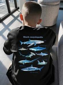 Young Boy Slogan Shark Print Round Neck Casual Short Sleeve T-Shirt - Black - View 1