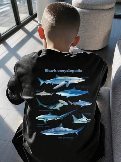 Young Boy Slogan Shark Print Round Neck Casual Short Sleeve T-Shirt
