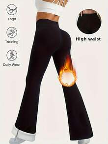 Valentine's Day Gifts Autumn Winter Fleece Lined Warm Flared Pants Women High Waist Elastic Micro Flare Trousers Fitness Yoga Thermal Pants Local Shipping - 黑色 - 查看 4