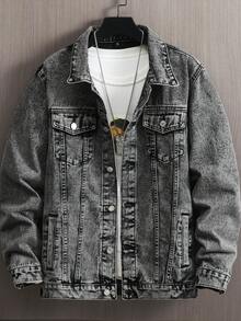 2026 Spring & Autumn New Men's Thick Denim Jacket, Washed Black & Gray Casual Denim Jacket, Street Style - Grey - View 1