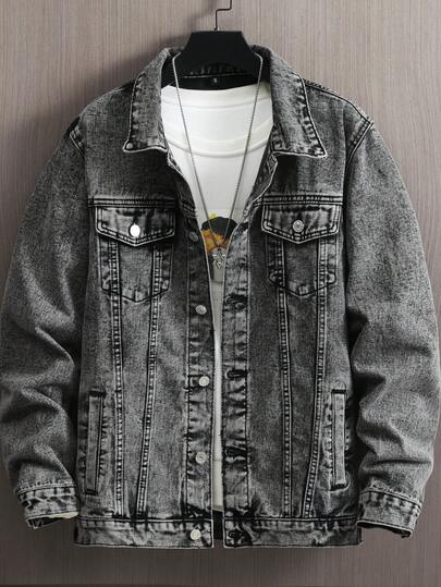 2026 Spring & Autumn New Men's Thick Denim Jacket, Washed Black & Gray Casual Denim Jacket, Street Style