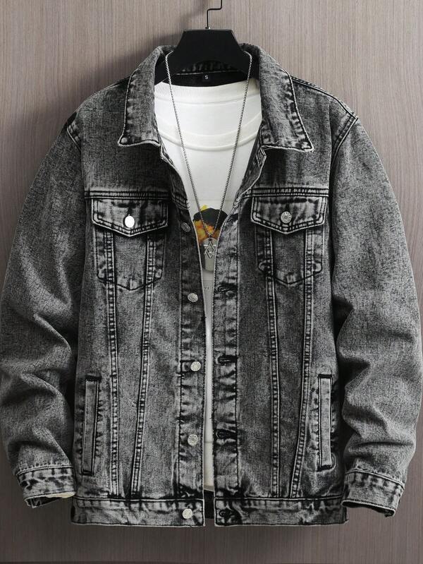 2026 Spring & Autumn New Men's Thick Denim Jacket, Washed Black & Gray Casual Denim Jacket, Street Style
