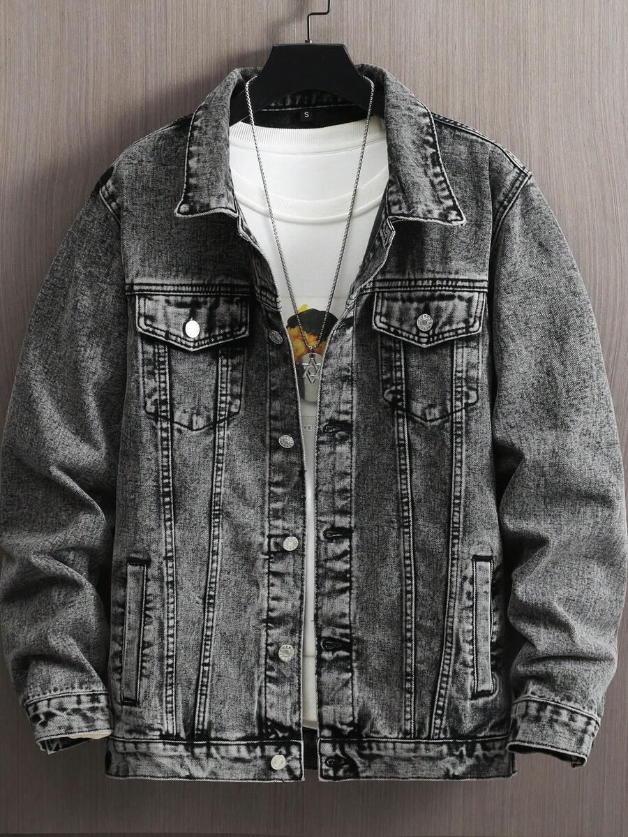 2026 Spring & Autumn New Men's Thick Denim Jacket, Washed Black & Gray Casual Denim Jacket, Street Style - Grey - View 1