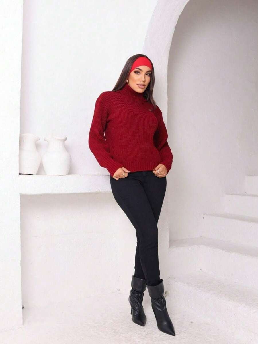 Cropped Knit High Neck Cacharrel Puff Sleeve - Red - View 1