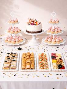 7 piezas Juego de exhibición de postres blanco, que incluye 2 soportes para cupcakes, 1 soporte para pastel y 4 bandejas rectangulares, vajilla de plástico reutilizable, adecuado para bodas y cumpleaños - Multicolor - Ver 1