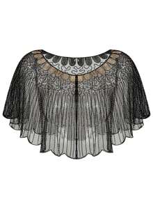 20s High Quality Women Shawl Evening Cape, Vintage Short Shawl With Sequin Embroidery & Mesh Design, Suitable For Party! For Dress - Color White - View 18