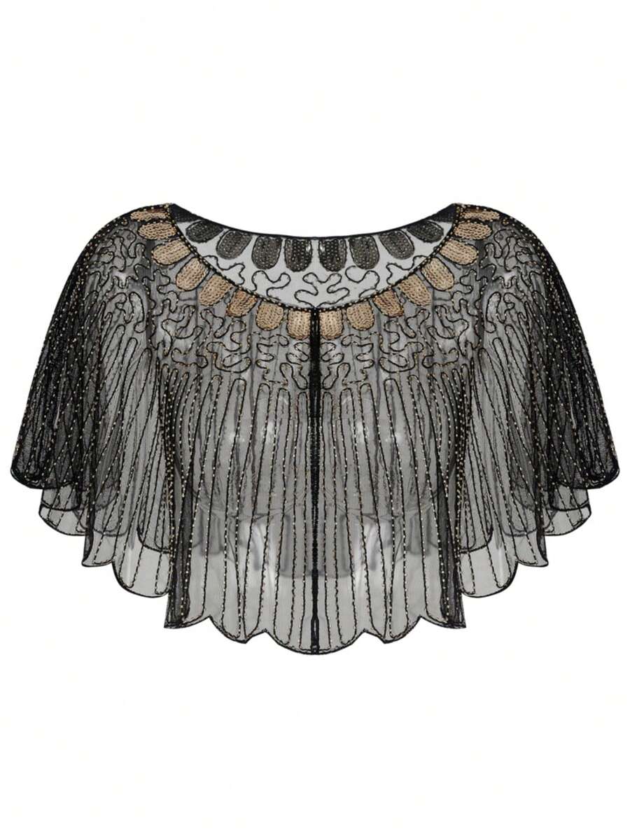 20年代高品质女士披肩晚礼服，复古短款披肩，饰有亮片、刺绣和网纱设计，适合派对穿着！