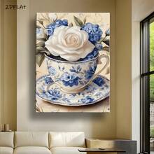 2D Flat, Vintage Floral Teacup Wall Art - Elegant White & Blue Floral Cup Painting In Beige Background - Framed Canvas Print Living Room, Bedroom, Office Decor - Housewarming, Birthday, Wedding, - Classic Home Decoration - Easy Hanging Indoor Decoration, Bedroom Artwork, Artistic Design, Durable Artwork, Decorative Sign, Interior Designers, 2D Flat - Framed - View 1