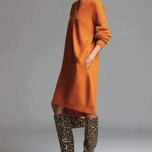 Women's Sweater Dress - Elegant Classic Women's Wear, Exquisite Knitwear With Buttons, High Neck, Pockets, Long Sleeves. Autumn/Winter Fashion, Winter, Casual Elegant Chic Midi Dress - 橘色 - 查看 4