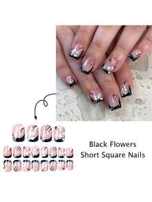 24片装夏季美甲套装，短款方形按压式美甲，简约法式风格，黑色法式线条花瓣，白色花朵图案设计。采用欧洲进口甜美亚克力假指甲。裸色亮泽假指甲，适合女士约会、日常佩戴及其他场合。美甲产品，亚克力美甲，方形假指甲，美甲装饰！ - 黑色 - 查看 5