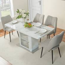 Modern Rectangular Dining Table 120cm - 160cm, Extendable, Storage Table Legs With Metal Base, White, Black.