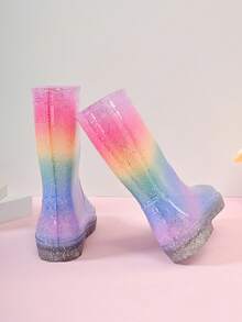Kids Glitter Rainbow Mid-Calf Boots, Cute Fashion Rain Boots For Playdates & Outings - Baby Pink - View 5