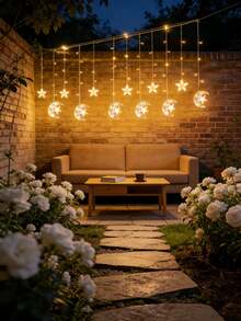 1PC Star‑Moon Curtain Lights,138LED 2.5*0.8M,2M Lead Wire,USB 5V Powered 8 Lighting Modes,LED String Light For Window Bedroom Wedding Party Holiday Home Decor Ornament - Yellow - View 12