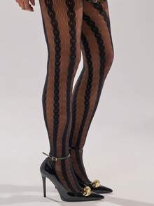 1 Pair Women's Fishnet Jacquard Tights, Sexy & Elegant Braided Fishnet Leggings, Suitable For Various Outfits - Black - View 4