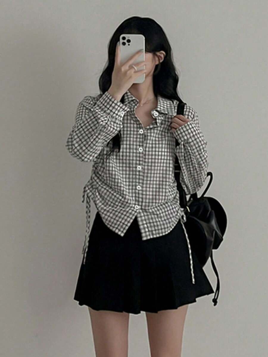 Plaid Pleated Cinched Waist Long Sleeve Shirt For Women, Autumn, Turndown Collar Design Spring - Black and White - View 1