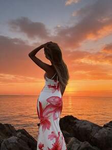 Robe en tricot à col en V sexy avec lien, décolleté ajouré pour femme. Robe mini décontractée à manches longues et couleur unie, couvre-maillot de bain. Robe d'été pour vacances à la plage avec imprimé tropical, dos nu et fente haute - Multicolore - Voir 11