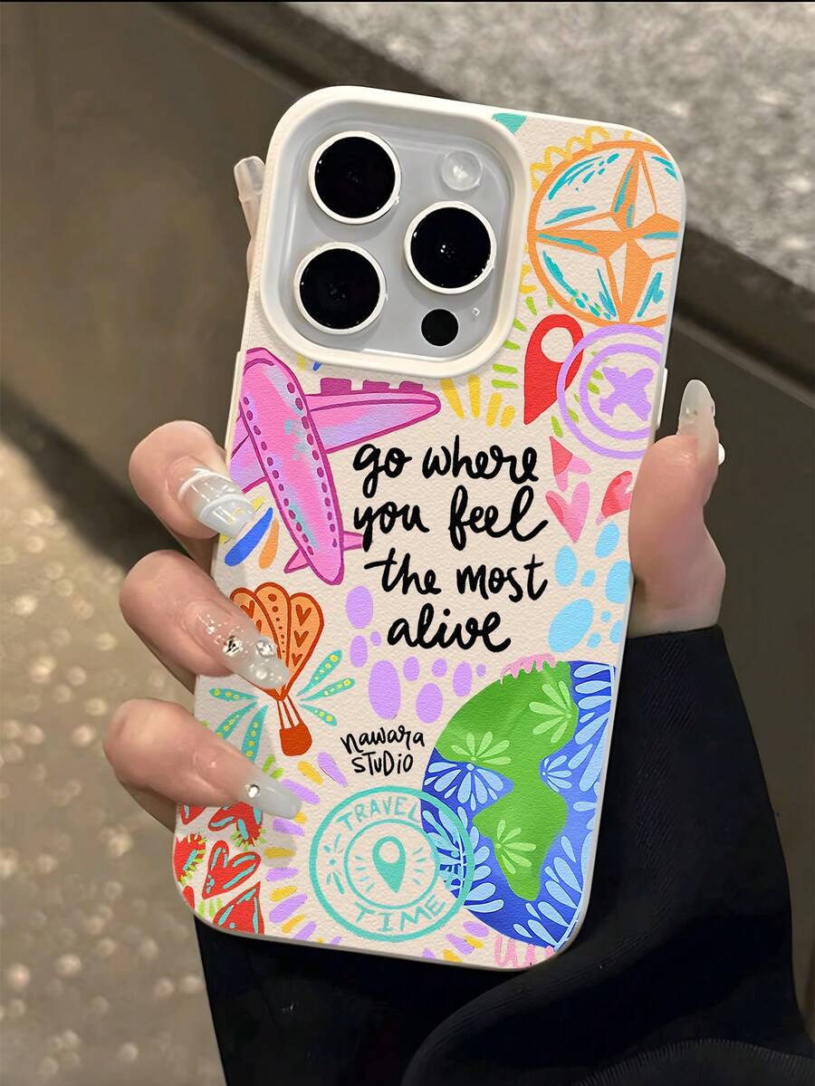 1pc Pink Airplane Text UV Printed Pattern Design Leather Texture Phone Case, Soft TPU Protective Phone Cover Compatible With IPhone Gift Item For Valentine's Day, Birthday, Christmas, Halloween, Boyfriend, Family And Friends - Many - View 1
