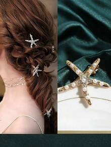 1/2pcs Starfish Pearl Rhinestone Alloy Hair Clip, Fashion Ocean Series Star Shaped Hair Clip, Pearl Starfish Snap Hair Clip, Women Bangs Hair Clip, Hair Accessory, Claw Clips, Hair Barrettes - Silver - View 1