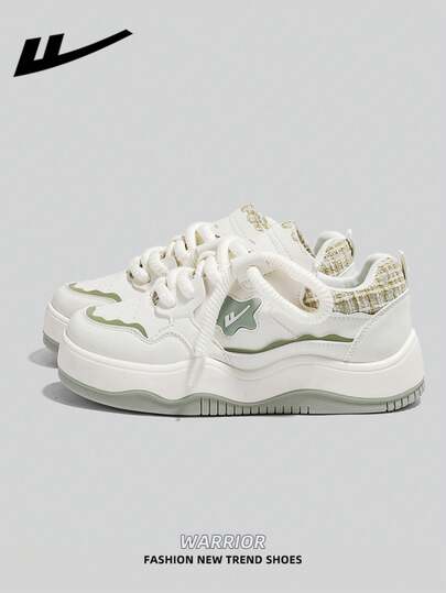  1 Pair WARRIOR Women's Thick Sole Lace-Up Soft Bottom Casual Shoes, Low-Top Outdoor Flat Shoes, Round Toe Low Heel Non-Slip Solid Color Elegant Soft Bottom Hiking Shoes, Suitable For Students, Graduation Photos, Flat Shoes, Low-Top Leather Sports Skateboard Shoes