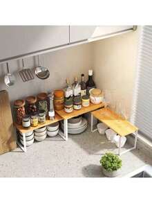 Spice Rack, Set Of 2, Cabinet Organizer, Expandable Kitchen Storage Rack, Metal And Engineered Wood Spice Rack, Ink Black And Natural Beige - White - View 7