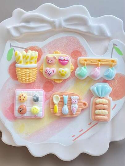 10/30件随机混合卡通亮面树脂配件，DIY盘子、面包袋、甜点杯挂钩、树脂配件、创意仿真食物玩具、发夹、手机壳贴纸装饰