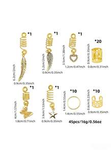 45pcs Heart, Star & Wing Dreadlock Hair Rings, Suitable For Women, Festivals, Parties, Holiday Gifts, Fashionable & Versatile - Gold - View 5