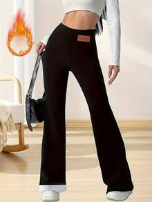 Valentine's Day Gifts Autumn Winter Fleece Lined Warm Flared Pants Women High Waist Elastic Micro Flare Trousers Fitness Yoga Thermal Pants Local Shipping - 黑色 - 查看 3