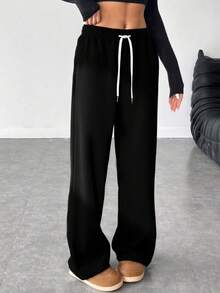 Women's High Waist Drawstring Straight Leg Maxi Pants, Suitable For Daily Wear, Work, Travel And Casual Occasions - Black - View 1