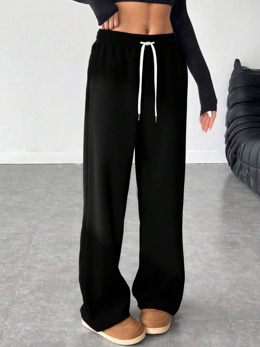 Women's High Waist Drawstring Straight Leg Maxi Pants, Suitable For Daily Wear, Work, Travel And Casual Occasions - Black - View 1
