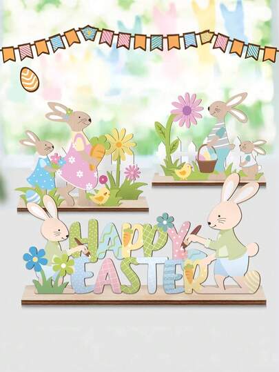 1sets Easter Decorations For Home Rustic Farmhouse Wooden Easter Bunny Table Decor Neutral Bunny Tiered Tray Decorations For Vintage Mantel Tabletop Spring Party Supplies