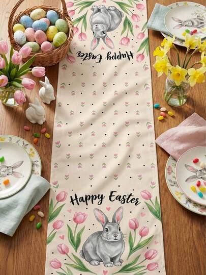 Mantel de mesa de Pascua con decoración de acuarela de conejo y tulipán, mantel de mesa de comedor con estampado de lunares y flores, decoración del hogar de estilo primaveral, mantel de fiesta de Pascua lavable