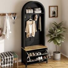 Multifunctional Cabinet With Shoe Rack, Lockers And Hooks For Entryway, Durable MDF Casing, Modern Design, Sturdy Iron Legs, Black, White.