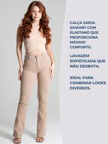 Calça Jeans Feminina Sawary Cintura Alta Flare Boca Sino Elastano Lycra Confortável Fler Bonita - Bege - Visão 5