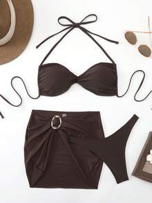 Bộ bikini nữ màu nâu đậm trơn, gợi cảm, có dây buộc phía sau, thích hợp cho kỳ nghỉ biển. - màu nâu - Xem 7