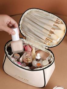 PU皮革旅行化妆包，轻便洗漱化妆品收纳包，化妆袋，手持化妆包，大容量多功能收纳包，带隔层的化妆工具包 - 彩色 - 查看 3