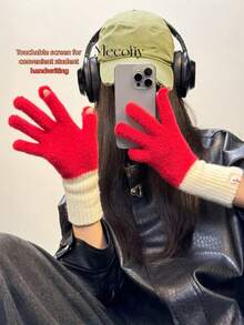 1 par de guantes de mujer de invierno acolchados de terciopelo con parches, guantes casuales de punto para pantalla táctil de estilo coreano para hombres, adecuados para actividades diarias, deportes, montar en bicicleta, fiestas, correr, pasear perros, festivales, se pueden regalar en el Día de San Valentín, temporada de regreso a clases - Multicolor - Ver 9