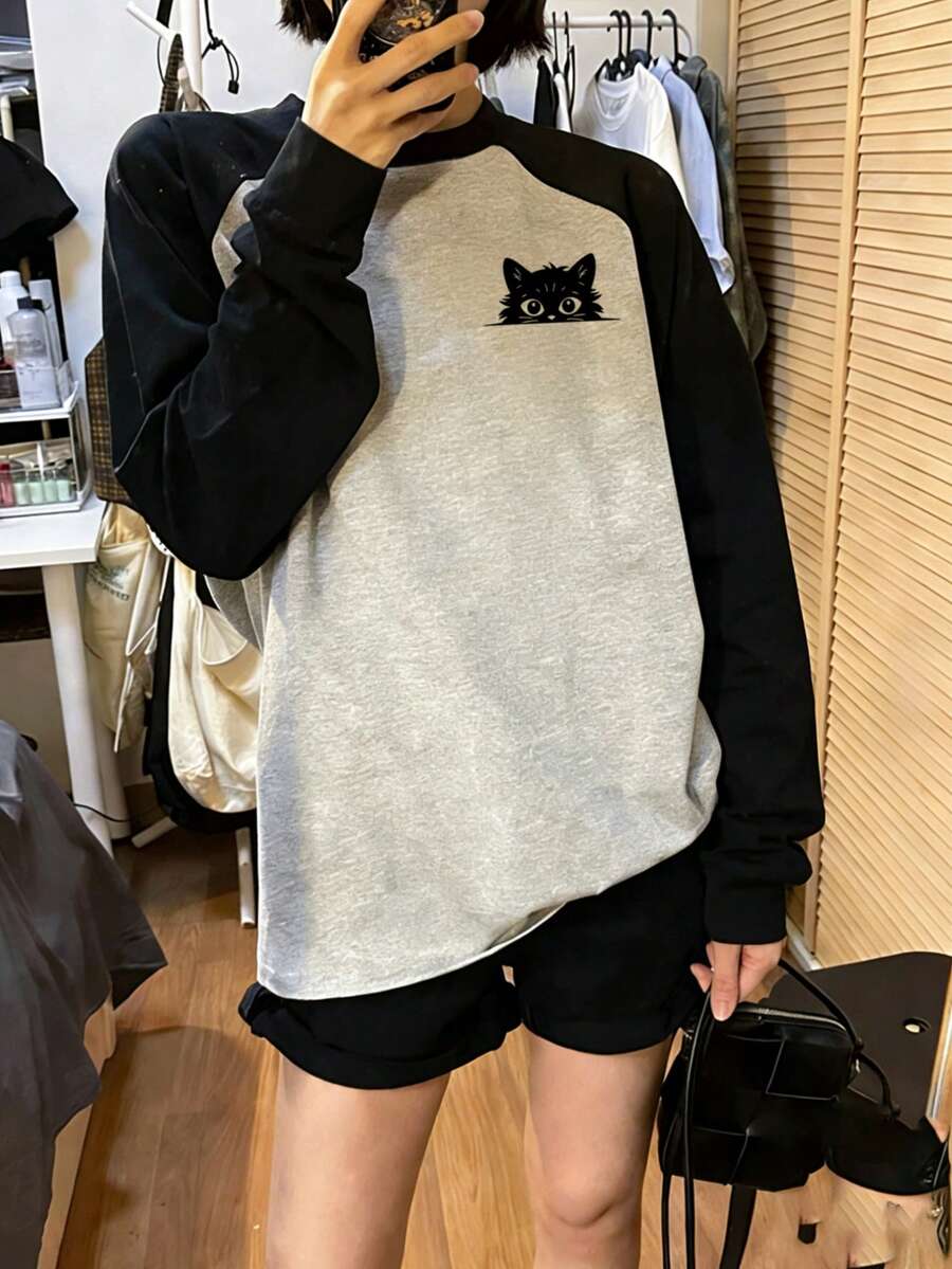 Áo thun dài tay nữ dáng rộng, phối màu, chất liệu cotton, in hình mèo hoạt hình, thích hợp cho mùa thu/đông. - Xám - Xem 1