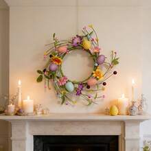 1pc Easter Artificial Flower Wreath, Party Door Hanging Wreath, Vibrant Spring Floral + Easter Eggs Design, Suitable For Home Decor, Living Room, Kitchen Wall, Door, Dining Table, Creating Easter Spring Festival Atmosphere, Easter Party Decoration, Easter Ornament, Easter Eggs, Easter Gift, Easter Spring Party Scene - Multicolor - View 7