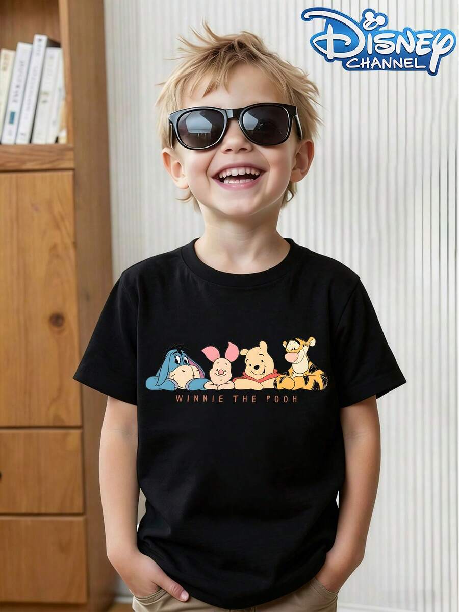 This Disney Winnie The Pooh And Friends Hugging Pattern Summer T-Shirt Is Perfect For Boys And Girls To Wear To Holiday Parties, Family Gatherings, Outdoor Activities, Travel, And As A Gift For Children Visiting Disneyland. - Black - View 1