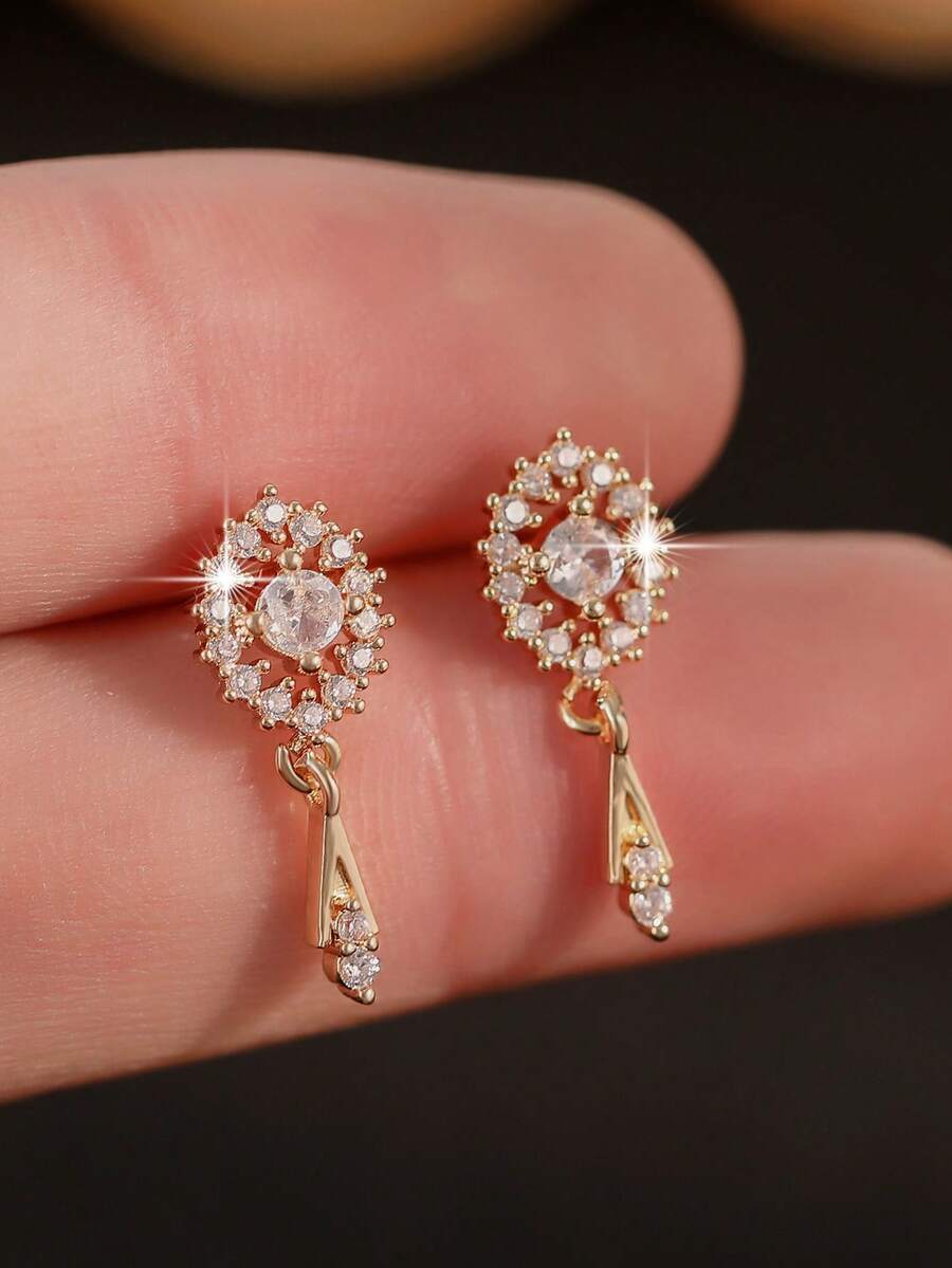 1 par de Brincos de Joia com Desenho de Flor em Estilo Coreano Elegante para Meninas/Adolescentes, Zircônia Cúbica, Presente de Amizade para Uso Diário e Festivais - Amarelo - Visão 1