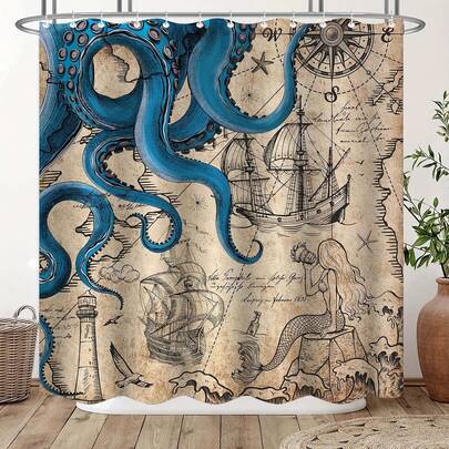 1pc Vintage Nautical Octopus Shower Curtain, Navy Blue Mermaid Funny Ocean Sea Monster Bathroom Shower Curtain, Anchor Coastal Map Waterproof Fabric Shower Curtain Set With 12 Hooks, 72"X72"