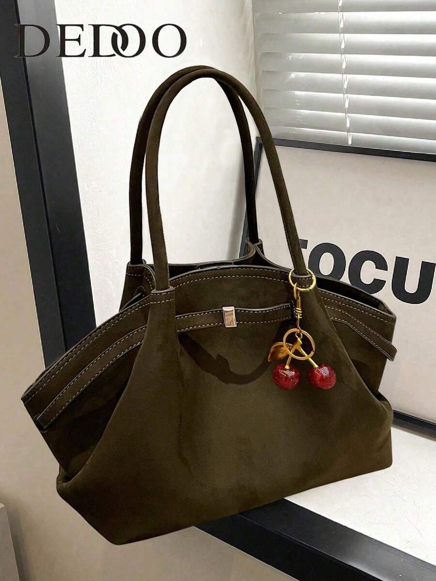 Dedoo Bolsa Tote FEISTURE em Camurça Sintética (com Acessórios Decorativos), Grande Capacidade, Cor Sólida, Elegante, Estilo Vintage, Ideal para Mulheres, Estudantes Universitárias e Profissionais.
