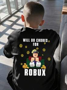 Camiseta de manga corta casual con cuello redondo y estampado de dibujos animados para niños pequeños - Negro - Ver 1